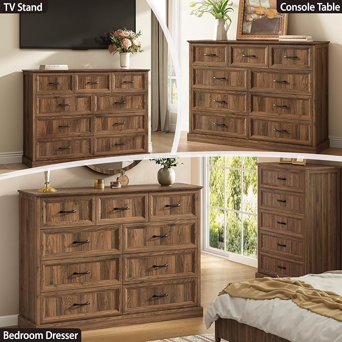 CARPETNAL Farmhouse 9 Drawer Dresser for Bedroom, 55 Inch Wide Modern Brown Dresser TV Stand with Large Drawers & Bar Handles, Rustic Wood Chest of Drawers for Bedroom, Living Room, Hallway, Entryway.