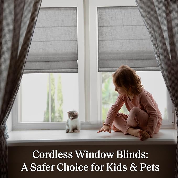Madison Park Kyler Cordless Roman Shades - Single Panel, Lightweight Linen Blend Fabric, Natural Design, Easy Installation, Light Filtering Window Blind, Bedroom, Living Room Decor 31" W x 64" H Grey