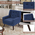 Accent Chairs Set of 2, Mid-Century Modern Upholstered Armchair, Comfy Fabric Living Room Chairs Reading Chairs with Button Tufted Back & Solid Wood Legs for Bedroom, Office, Blue