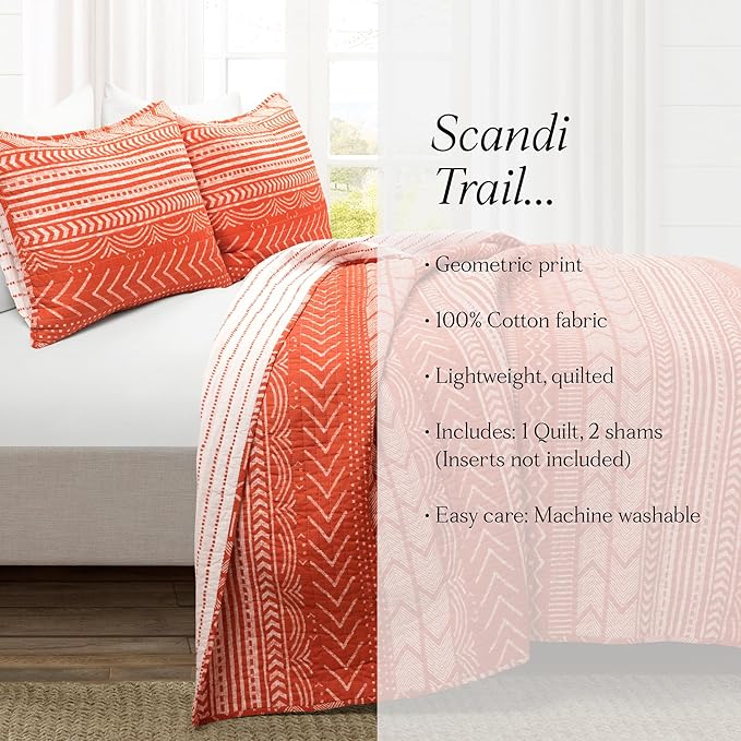 Lush Decor Hygge Geo Pattern Striped 3 Piece Quilt Bedding Set, Full/Queen, Burnt Orange