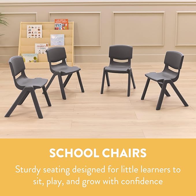 Stackable School Chairs, 12", Kids Furniture, Grey, 4-Pack