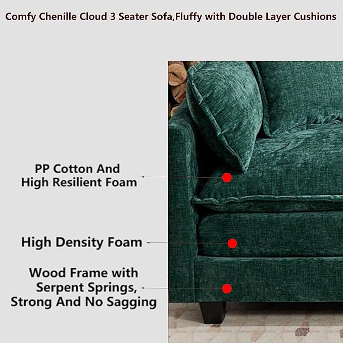 Aoowow Modular Sectional 3 Seater Cloud Sofa Couch for Living Room,113.8" Cloud Sofas with Deep Seat,Modern Chenille 3 Seat Sofas,Fluffy Cloud Couches for Bedroom,Apartment,Office (Green, 3 Seater)