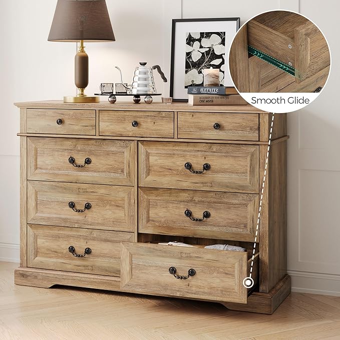 LINSY HOME 9 Drawers Dresser for Bedroom, Wide Wood Chest of Drawers with Metal Handle, Farmhouse Tall Drawer Organizer for Bedroom, Closet, Living Room, Hallway and Entryway, Rustic Oak