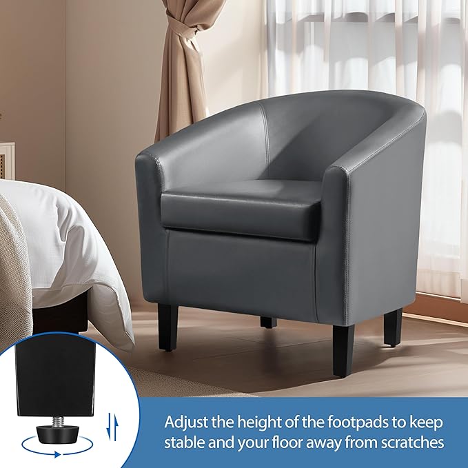 Yaheetech PU Leather Barrel Chair, Modern Accent Chair with Wood Sturdy Legs, Faux Leather Club Chair Comfy Armchair Modern Tub Chair for for Living Room Bedroom Waiting Room, Gray