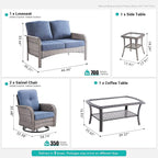5 PCS Patio Outdoor Furniture Set with Swivel Rocking Chairs,All Weather Wicker Rattan Patio Seating Sofa and Chairs Set,Outdoor Conversaiton Sets for Deck Yard Prrch Garden Poolside,Blue