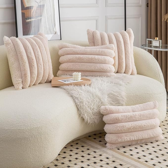 Neelvin Beige Faux Fur Cozy Soft Striped Decorative Throw Pillow Covers 20x20 inch Set of 2,Velvet Pillowcase Cushion Case for Sofa Couch