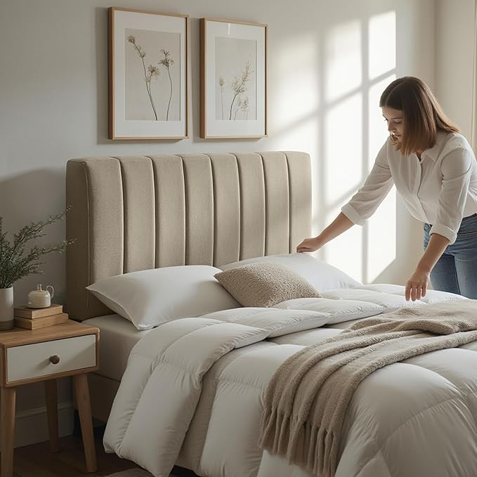 Nestl Upholstered Twin Headboard - Easy Assemble Channel Stitched Headboard Twin Size - Wall Mounted Headboards with 3D Soundproof Wall Panels Peel & Stick Floating Headboards, Linen
