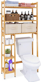 SMIBUY Over The Toilet Storage, Bamboo 6-Tier Bathroom Storage Shelf with Drawers, Freestanding Above Toilet Organizer Rack, Mass-Storage, Space Saver for Small Room (Natural)