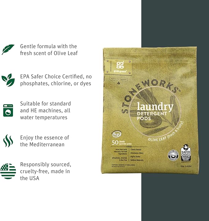 Grab Green Stoneworks Laundry Detergent Pods Sample Kit, 10 Count, Birch Branch, Fragrance Free Rain, Oak Tree, Olive Leaf, Rose Petal Scents, Plant a Tree