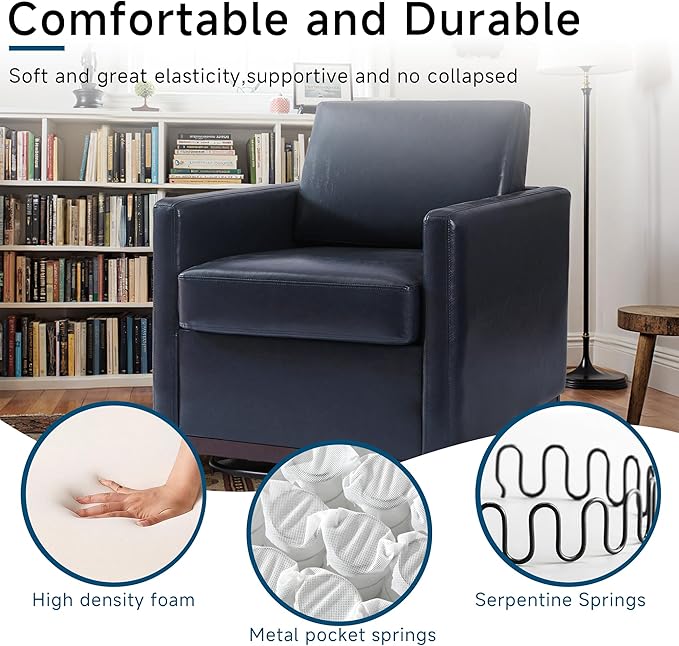 Pia Ricco Single Swivel Barrel Chair, Modern Accent Armchair in Easy-Clean PU Leather, Mid-Century Style for Living Room or Home Office, Navy