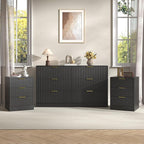 3-Piece Modern Bedroom Furniture Set, Wide 6-Drawer Dresser & 3-Drawer Nightstands Set of 2, Natural Wood Dresser and Nightstand Sets for Bedroom, Hallway, Black