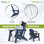 nevilywood Folding Adirondack Chair - Extended Ergonomic Backrest, Cup Holder - Easy Assembly - Durable HDPE Plastic, Weather Resistant & Maintenance-Free - Lawn, Patio, Deck Supports 380lbs NavyBlue