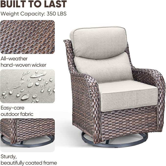 Swivel Patio Chairs Set of 2 with 6" Thick Cushion - Wicker Outdoor Swivel Rocker Patio Chair, High Back Comfortable Outdoor Glider Chairs 360° Rotation Glider Brown Wicker-Beige Cushion