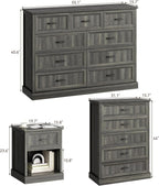 CARPETNAL Farmhouse Dresser and Nightstand Sets for Bedroom, 4 Pcs Bedroom Set, 5 Drawer & 9 Drawer Dresser and Nightstand Set of 2, Wood Chest of Drawers for Living Room, Entryway, Grey