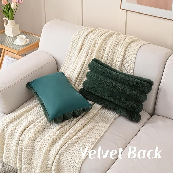 FUTEI Christmas Dark Green Decorative Throw Pillow Covers 12x20 Inch Set of 2, Square Soft Faux Rabbit Fur Thick Striped Lumbar Pillow Case,Winter Home Decor for Couch Bed Living Room