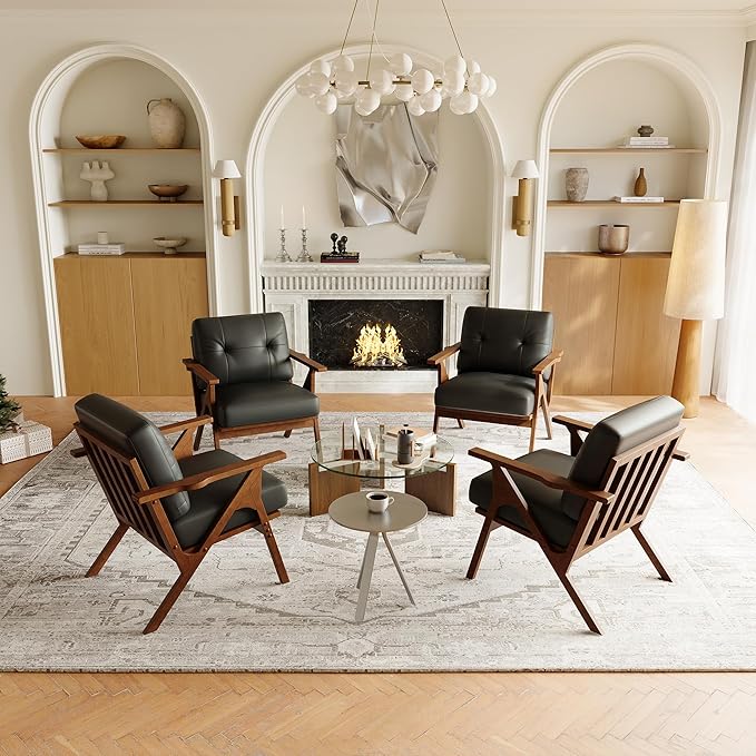 STHOUYN Black Leather Office Accent Chair Set of 2, Office Lounge Chair with Wooden Arms, Mid Century Modern Chair, Side Arm Chairs for Living Room, Comfy Guest Waiting Room Chairs (2, Black)