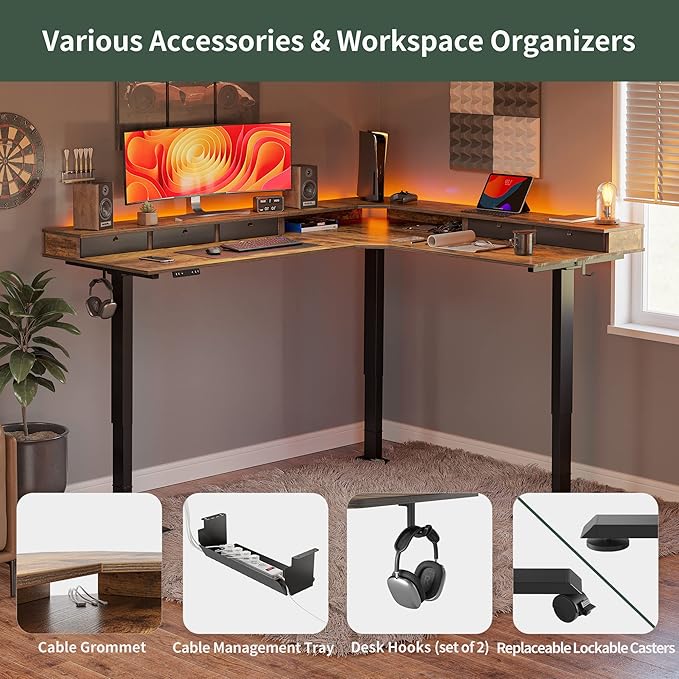 FEZIBO 75", 330lbs Load Capacity, L Shaped Standing Desk with Drawers, Reversible Electric Standing Gaming Desk Adjustable Height, Corner Stand up Desk with Splice Board, Black Frame/Rustic Brown Top