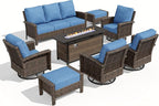 HERA'S HOUSE 8-Piece Outdoor Furniture Set with Fire Pit Table, Patio Conversation Set with 5.5-Inch Thick Cushions & High Back Swivel Chairs, All-Weather Wicker Deep Seating Sofa with Ottomans, Blue