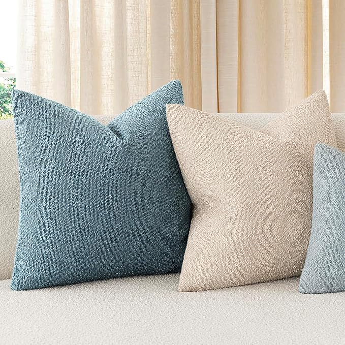 Foindtower Set of 2, Decorative Textured Boucle Throw Pillow Covers Accent Solid Pillow Cases Neutral Cozy Couch Cushion Case for Chair Sofa Bedroom Living Room Home Decor 24x24 Inch Misty Blue