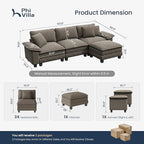 PHI VILLA Cloud Modular Couch Sets, 123.6" Sectional Sofa with L-Shaped Chaise, 4-Seater Upholstered Couches with Movable Ottoman for Living Room, Chenille Fabric, Smoky Grey