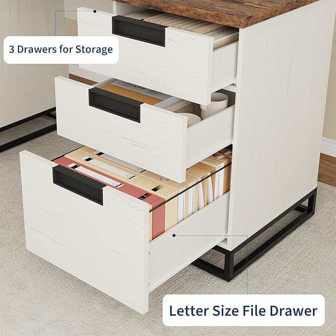 IDEALHOUSE Farmhouse Executive Desk, 59" Computer Desk, White Home Office Desks with File Drawer and Storage Cabinet, Wood Writing Desks for Home Office, Bedroom, White+Vintage