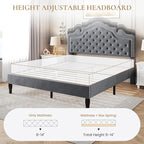 SHA CERLIN Full Size Bed Frame with Adjustable Headboard/Velvet Upholstered/Diamond Button Tufted and Metal Studs/No Box Spring Needed/Wooden Slat Support/Easy Assembly/Light Grey
