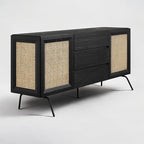 NTC MOSSIC Sideboard with 2 Doors and 3 Drawers, Buffet Cabinet with Natural Rattan and Metal Legs, Modern Storage Cabinet for Living Room, and Hallway, Effortless Assembly - Burnt Black