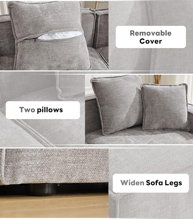 WILLOVE Modular Sectional Sofa Set, Chenille Cloud Couch with Wide Armrests & 8 Pillows, Deep Seat Couches for Living Room, 4-Seater Grey