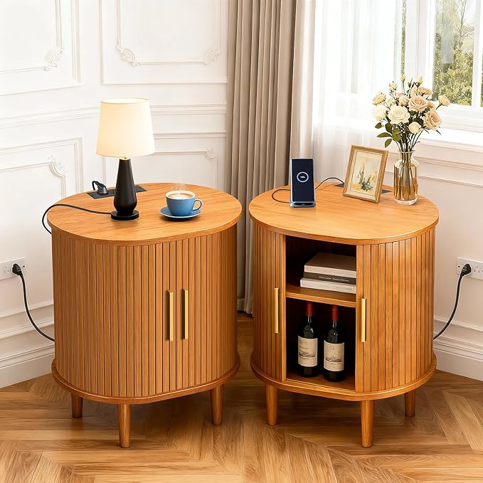 Nightstand with Charging Station, Fluted Accent Side Table with Sliding Door & Adjustable Shelf, Mid-Century Modern End Table for Small Space, Living Room, Bedroom (1, Yellow Walnut)