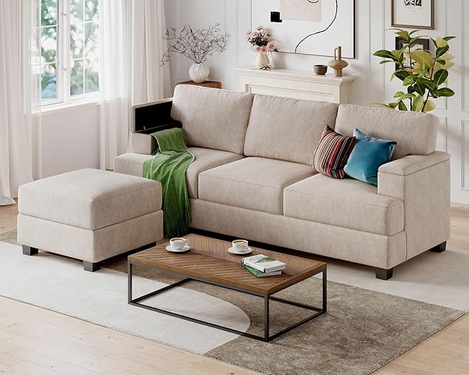 85'' L Shaped Couch with Armrest Organizer,3 Seats Sofas with Movable Ottoman,Comfy Sectional Sofa with Thick Cushion,Chenille Sectional Couches for Living Room,Bedroom,Apartment,Home Furniture,Khaki