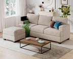 85'' L Shaped Couch with Armrest Organizer,3 Seats Sofas with Movable Ottoman,Comfy Sectional Sofa with Thick Cushion,Chenille Sectional Couches for Living Room,Bedroom,Apartment,Home Furniture,Khaki