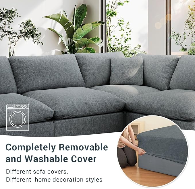 Modular Sectional Sofa Cloud Couch,Down Filled Comfy Cloud Modern Sofa,Light Blue Linen U Shape 6 Seater Oversized Couch Cushion Covers Removable for Living Room