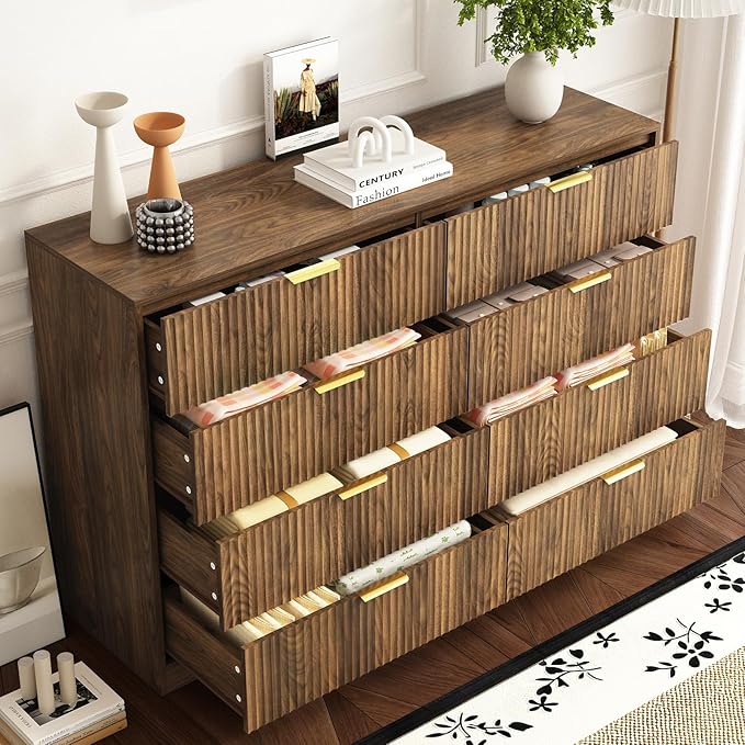 3-Piece Modern Bedroom Furniture Set, Wide 8-Drawer Dresser & 3-Drawer Nightstands Set of 2, Natural Wood Dresser and Nightstand Sets for Bedroom, Hallway, Walnut