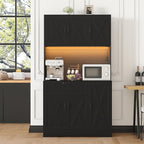 71" Kitchen Pantry Cabinet with Hutch - Freestanding Pantry Cabinet with Drawer, Adjustable Shelves, LED Light & Power Outlets for Kitchen, Dining Room, Living Room (Black)