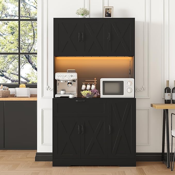 71" Kitchen Pantry Cabinet with Hutch - Freestanding Pantry Cabinet with Drawer, Adjustable Shelves, LED Light & Power Outlets for Kitchen, Dining Room, Living Room (Black)