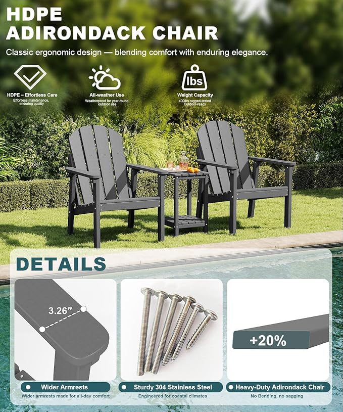 Adirondack Chair Set of 4, All Weather HDPE Fire Pit Chairs, Oversized Plastic Adirondack Chair for Outdoor, Balcony, Deck, Backyard, Patio, Garden, Poolside, Lawn Grey