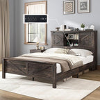 AMERLIFE Farmhouse Full Bed Frame with Storage Headboard & Charging Station, Rustic Wood Platform Bed with Barn Door Bookcase, No Box Spring Needed, Dark Oak Bedroom Furniture