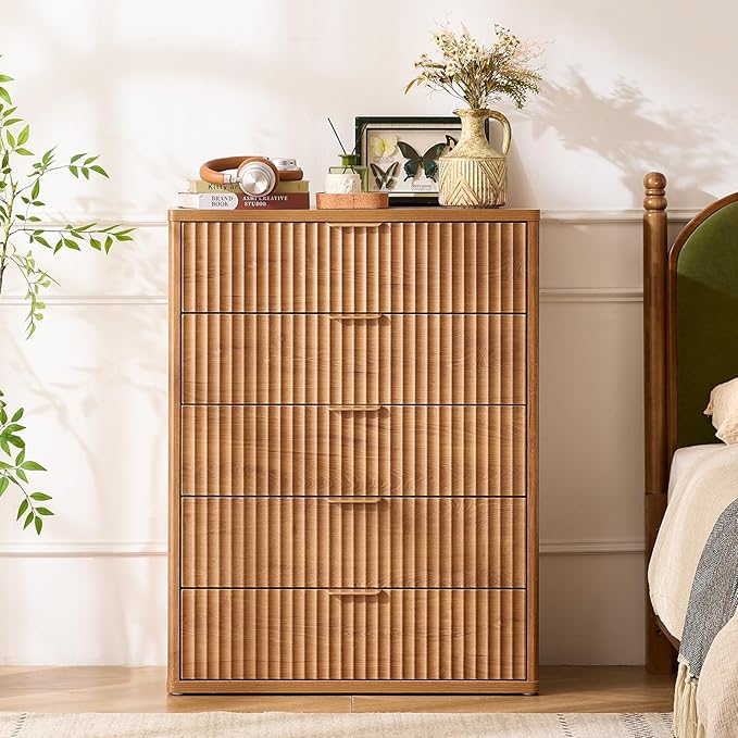 LEYAOYAO Fluted 5 Drawers Dresser for Bedroom Set of 2, 41" Tall Modern Chest of Drawers with Metal Handle, Curved Profile Design,Brown Wood Drawer Organizer for Bedroom, Living Room, Hallway