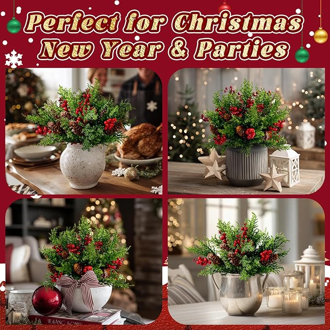 8PCS Artificial Pine Branches with Red Berry Pine Cones Artificial Needles Branches Greenery Stems Fake Greenery Floral Arrangements
