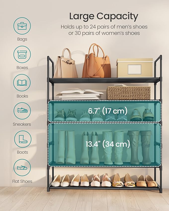 SONGMICS Shoe Rack, 6-Tier Shoe Organizer, Metal Storage Shelf, Upright or Upside Down, for 24-30 Pairs, Stackable, for Entryway, 11.8 x 36.2 x 42.7 Inches, Black ULSA306BH01
