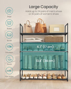 SONGMICS Shoe Rack, 6-Tier Shoe Organizer, Metal Storage Shelf, Upright or Upside Down, for 24-30 Pairs, Stackable, for Entryway, 11.8 x 36.2 x 42.7 Inches, Black ULSA306BH01