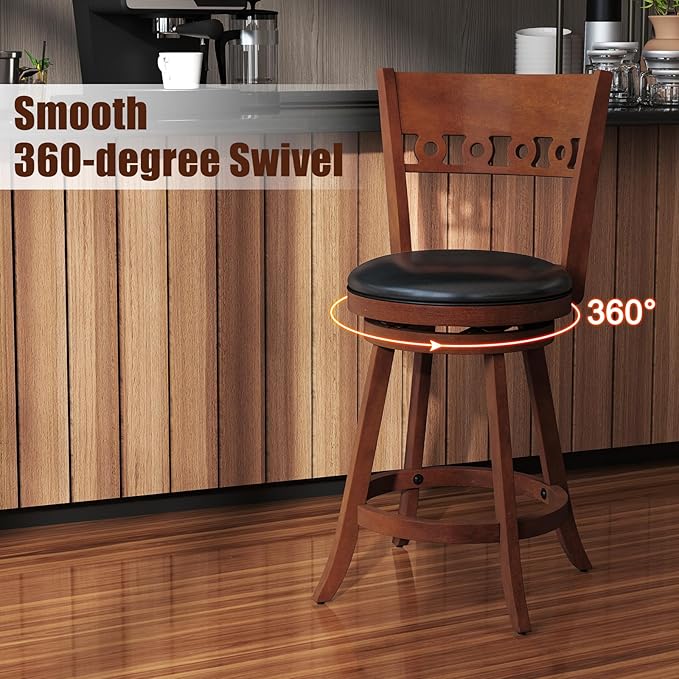 COSTWAY Bar Stools Set of 4, 24.5” Counter Height Bar stools with Solid Wood Legs, Cushioned Seat, Footrest, for Home, Kitchen Island, Bar (4, 24.5'' Seat Height)