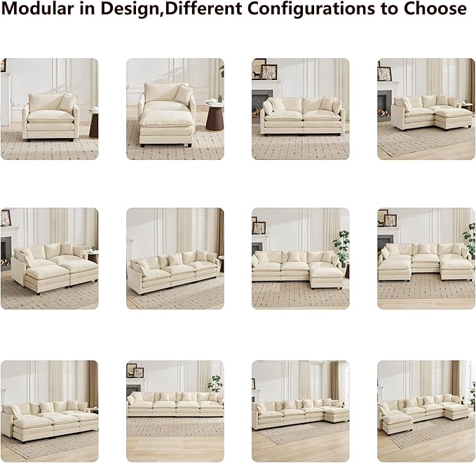 Aoowow Modular Sectional 3 Seater Cloud Sofa Couch for Living Room,113.8" Cloud Sofas with Deep Seat,Modern Chenille 3 Seat Sofas,Fluffy Cloud Couches for Bedroom,Apartment,Office (Beige, 3 Seater)