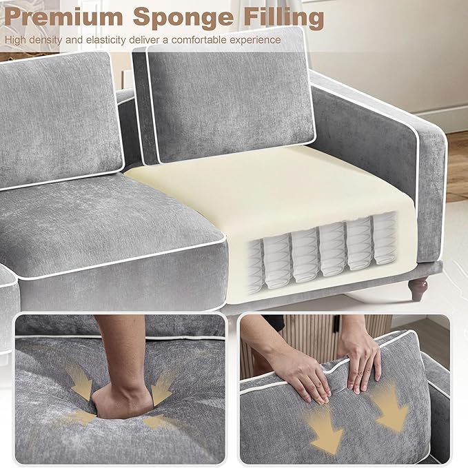 112" Cloud Modular Sectional Sofa,Oversized Deep 3 Seater Couch with Armrests Wooden Legs,Comfy Thicked Cushion Upholstered Sofa for Living Room Bedroom,Light Grey