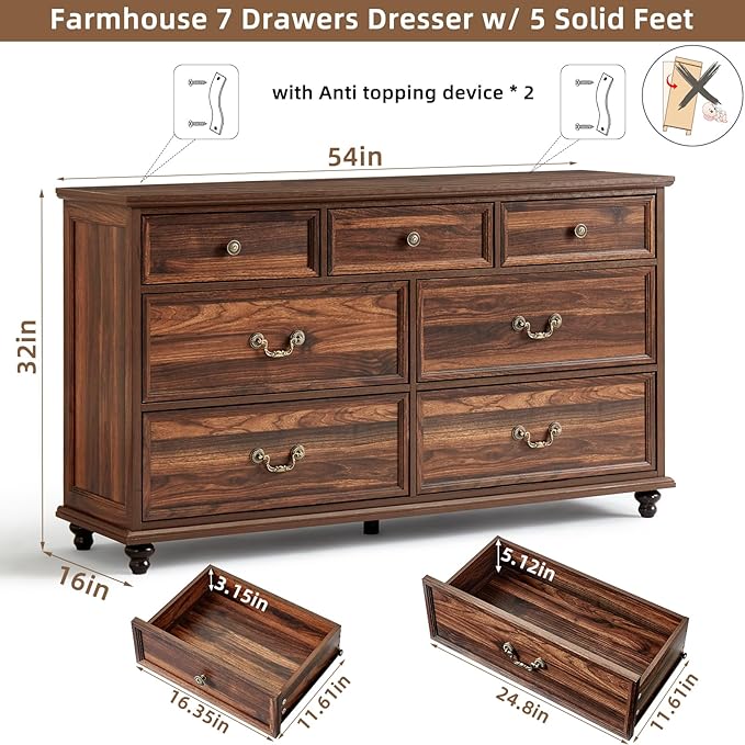 Bedroom Dresser Sets, 54" Wide 7 Drawers Dresser and 45" Tall 5 Drawers Dresser, Wooden 2 Piece Bedroom Furniture Set, Chest of Drawer for Bedroom, Home, Living Room, Hallway, Brown