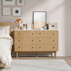 RECCI Fluted 6 Drawers Dresser for Bedroom, 54" Wide Chest of Drawers with 3D Fluted Panel, Faux Marble Top, Solid Wood Legs, Storage Drawers, TV Stand, Closet Chests for Bedroom, Natural Oak