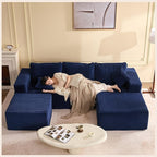 107" Boneless Couch with Deep Seat, Modular Sectional Sofa, Cloud Sectional Couch for Living Room, No Assembly Required, Corduroy, U-Shape 3 Seater Right, Blue