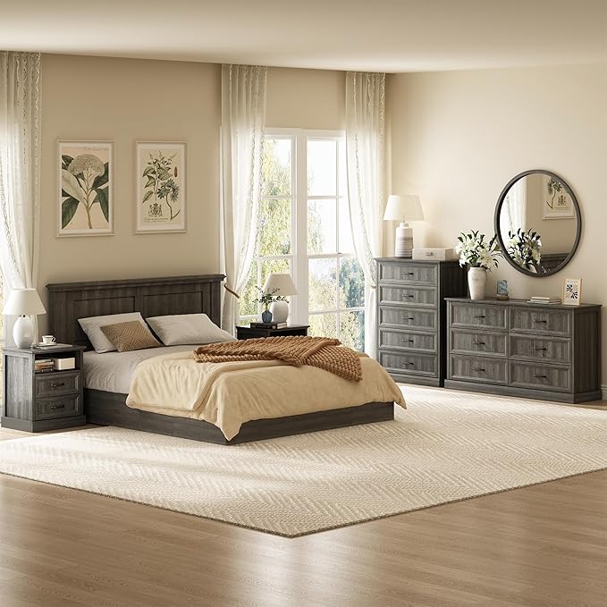 CARPETNAL Farmhouse Dresser and Nightstand Sets for Bedroom, 4 Pcs Bedroom Set, 5 Drawer & 6 Drawer Dresser and Nightstand Set of 2, Wood Chest of Drawers for Living Room, Entryway, Grey