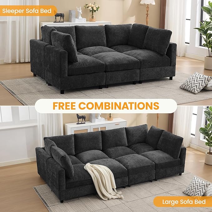 Modular Sectional Cloud Sofa Bed, 6-Seater Convertible Sofa Couch with Ottoman, Modern Deep Seat Sleeper Sofa for Living Room, Chenille Dark Grey