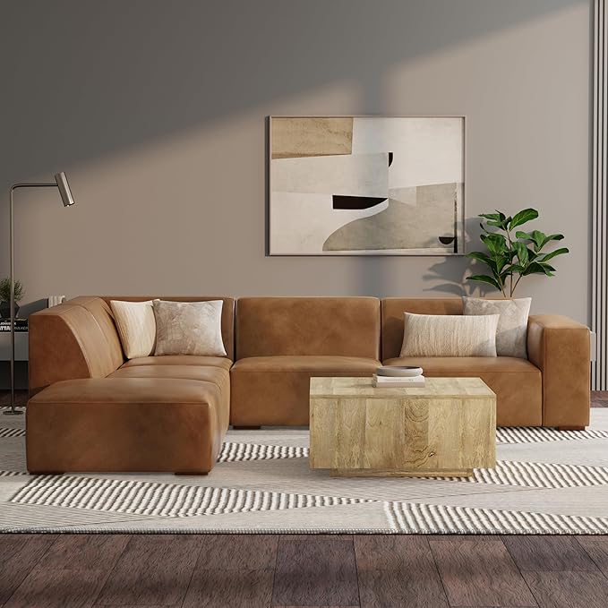 SIMPLIHOME Rex Left Corner Sectional Modular Sofa and Ottoman Set in Full-Grain Genuine Leather, Sienna, 116-inch-wide L-Shaped Leather Sofa and Matching 34-inch-Wide Table Ottoman for Living Room